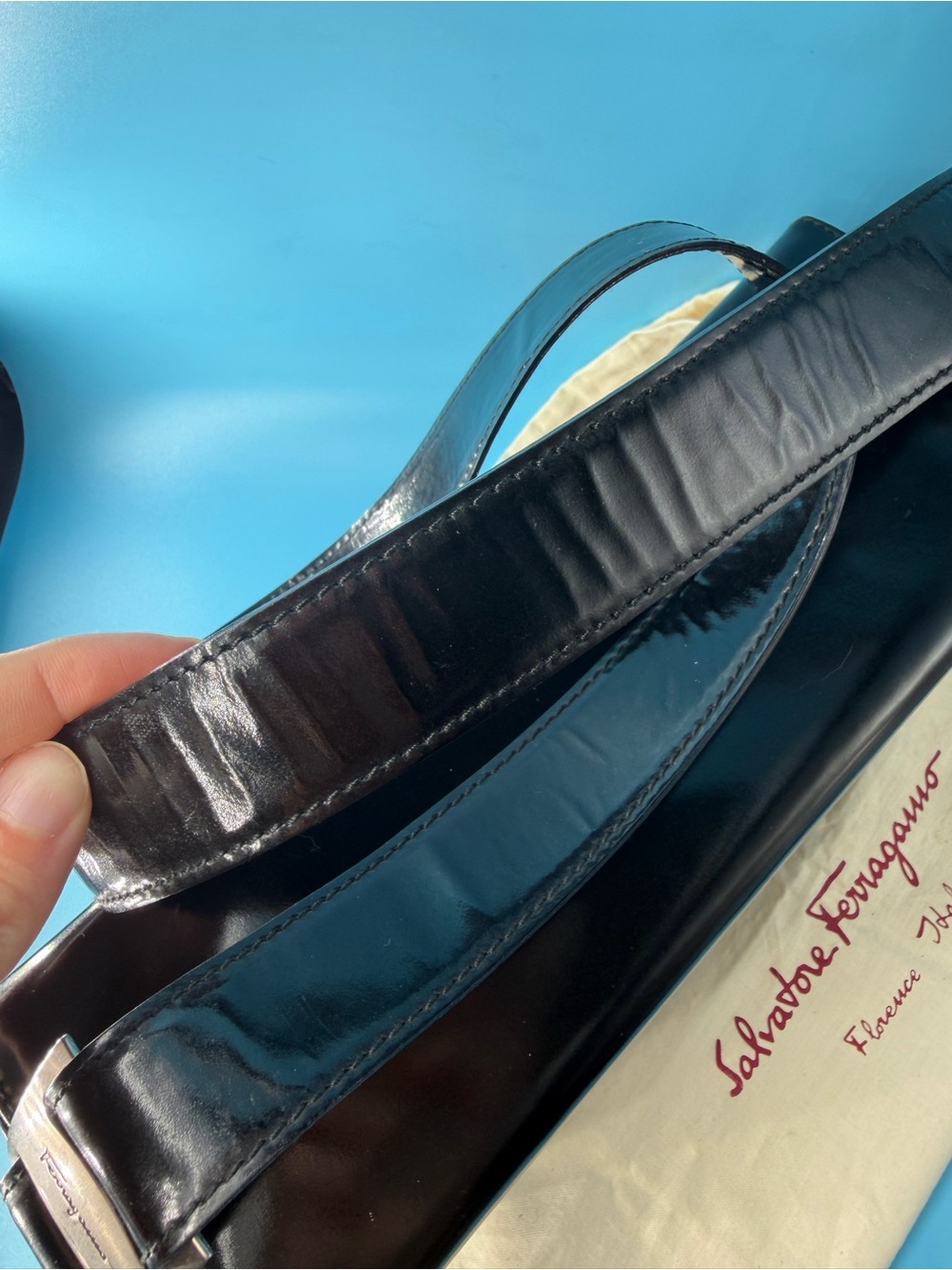 Salvatore Ferragamo Black Patent Leather Box Shoulder Bag Vintage 90s - Picture 5 of 12